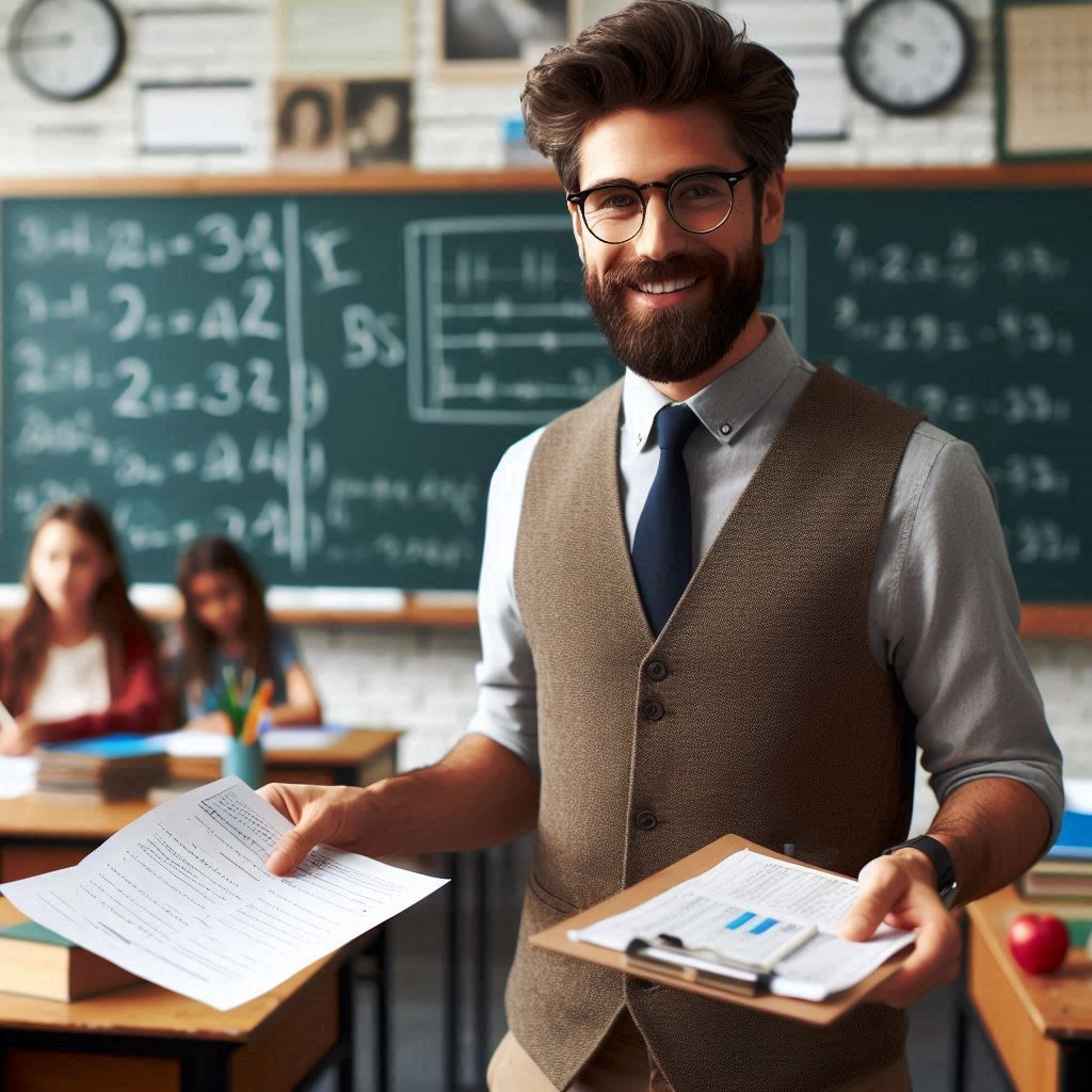 teacher in a classroom in front of a blackboard distributing tests wearing glasses